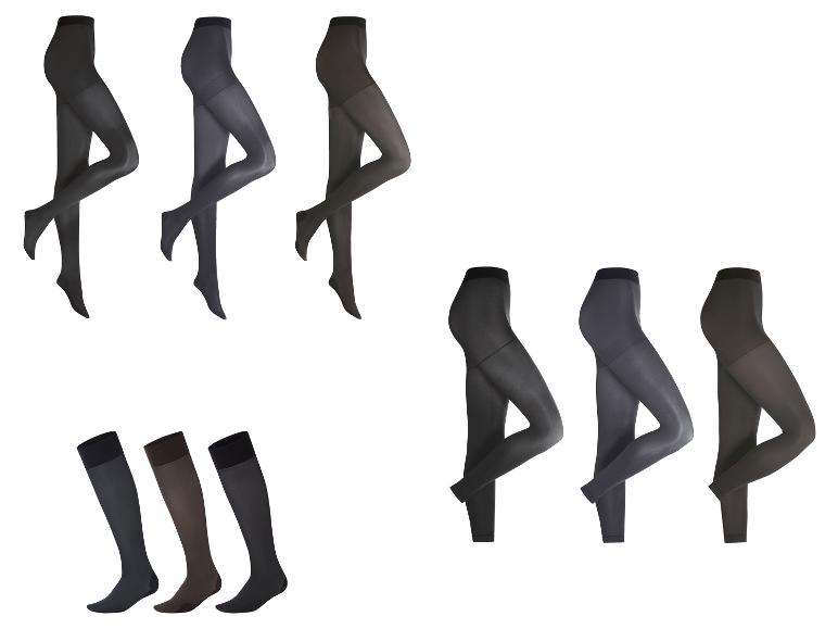 Assortiment de collants, leggings et chaussettes montantes pour femmes en diverses couleurs foncées.