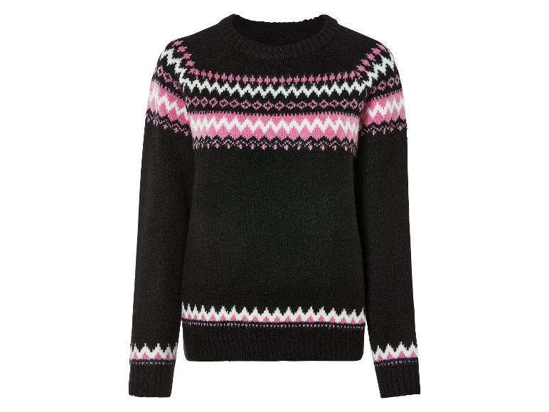 Pull noir avec un motif scandinave rose et blanc.
