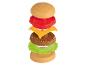 Un jeu de hamburger en plastique avec un pain, une galette, du fromage, une tomate et de la laitue.