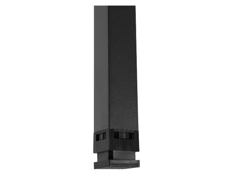 Pied en métal noir avec embout en plastique, isolé sur fond blanc.