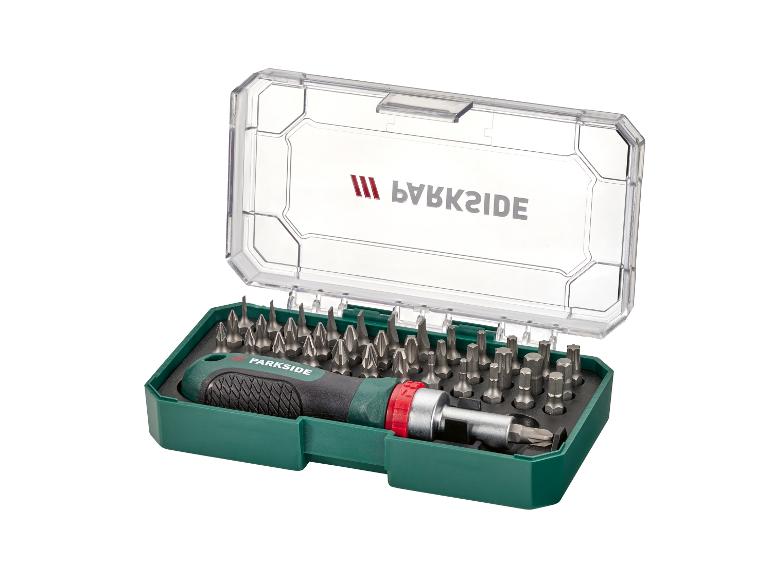 Jeu de tournevis à cliquet PARKSIDE avec embouts dans un étui vert et transparent.