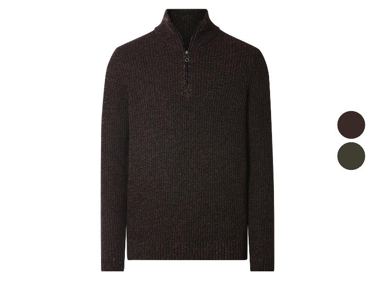 Pull tricoté homme à demi-zip marron foncé, avec échantillon de couleur vert foncé.