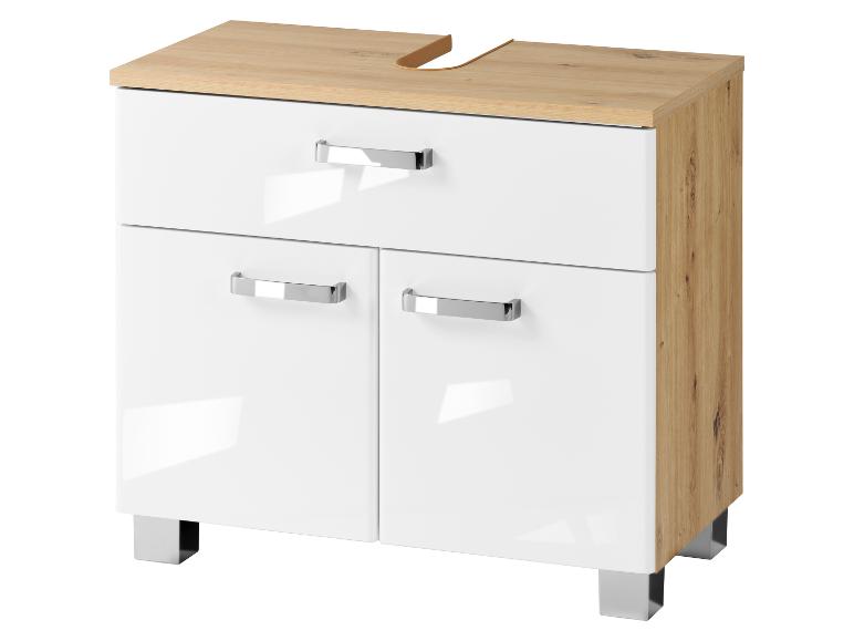 Meuble de salle de bain blanc avec plateau effet bois et poignées chromées