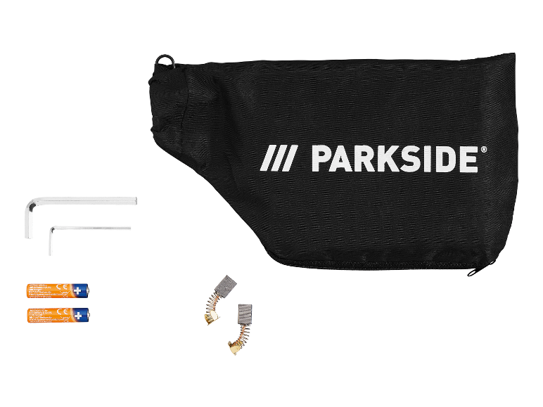 Accessoires Parkside : sac, balais de charbon, clés Allen et piles.