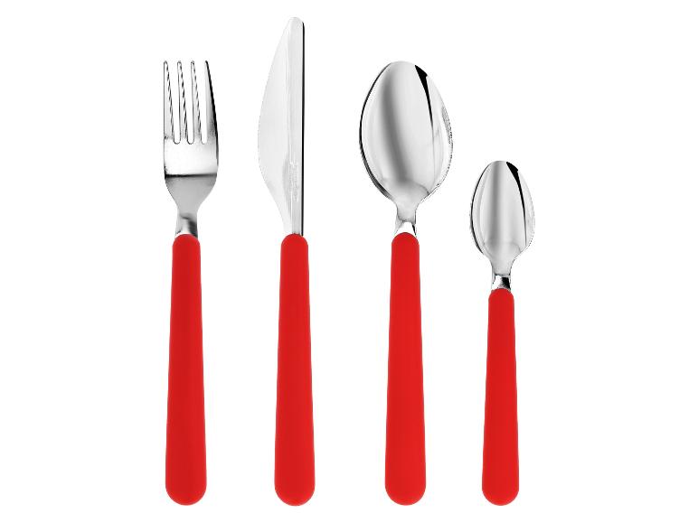 Ensemble de couverts à manches rouges: fourchette, couteau, cuillère à soupe et cuillère à café.