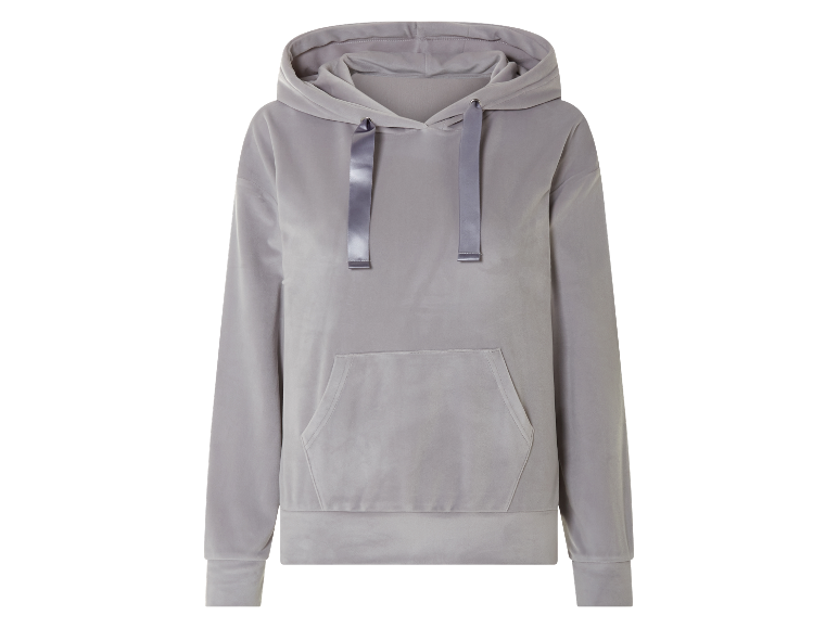 Un sweat à capuche gris clair en velours, avec cordon et poche.