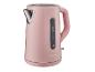 Bouilloire électrique rose avec des accents métalliques et un indicateur de niveau d'eau.
