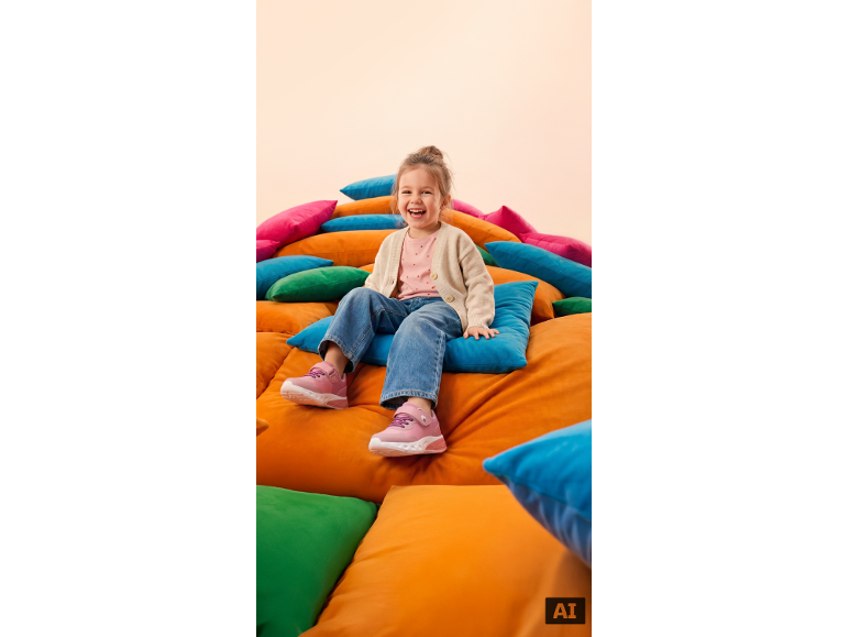 Fille souriante en jean et baskets roses assise sur des coussins colorés.