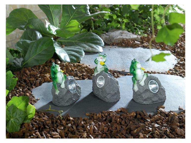 Lampes solaires en forme de grenouilles décorant un jardin.