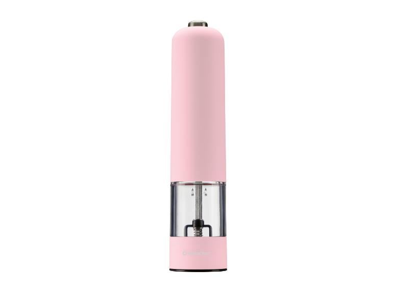 Moulin électrique rose pour sel ou poivre avec réservoir transparent.