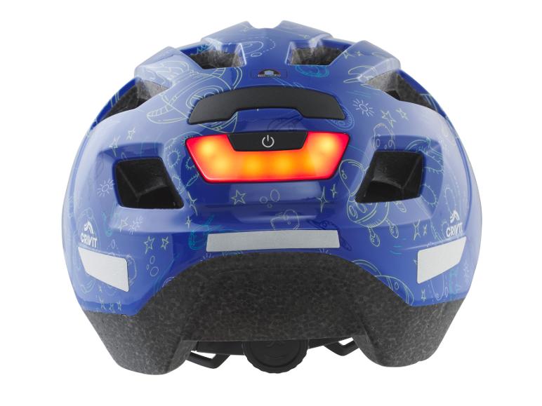 Casque de vélo bleu pour enfant avec motifs spatiaux et lumière LED arrière.