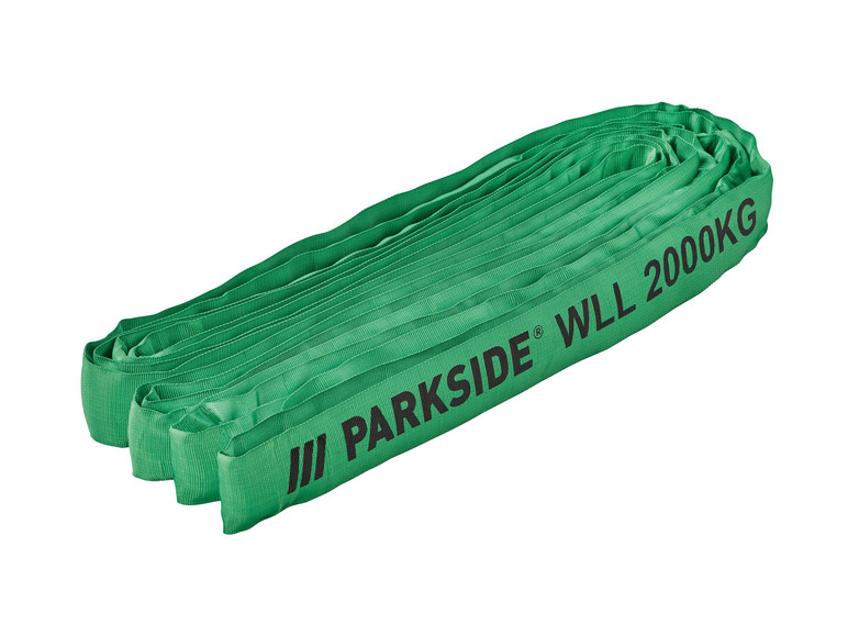 Une sangle de levage verte Parkside avec une charge de travail maximale de 2000 kg.