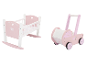 LUPILU® Meubles de poupée en bois: berceau à bascule et poussette rose et blanc.