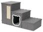Escalier gris à trois marches pour animaux de compagnie avec griffoir et niche pour chat.