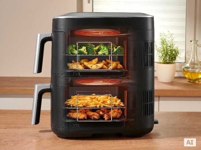 Friteuse sans huile verticale double zone digitale SILVERCREST® avec quatre niveaux de cuisson.