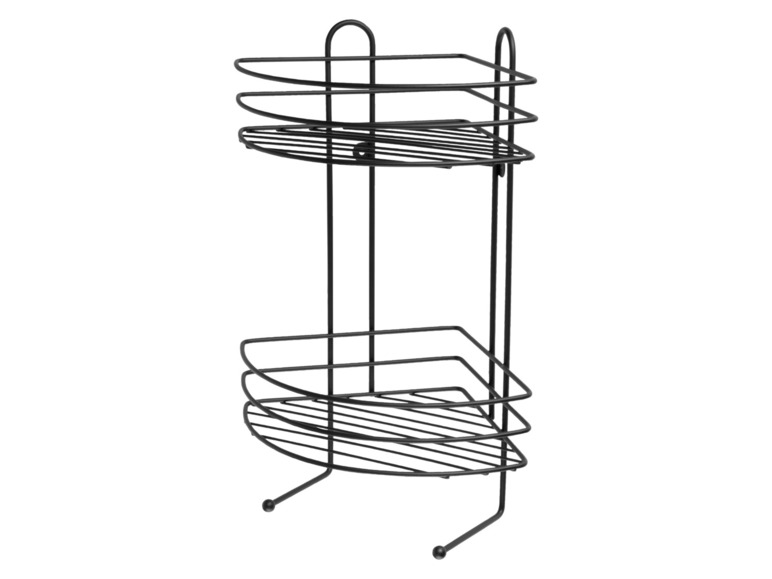 Un porte-serviettes en fil noir avec deux étagères rondes pour la salle de bain.