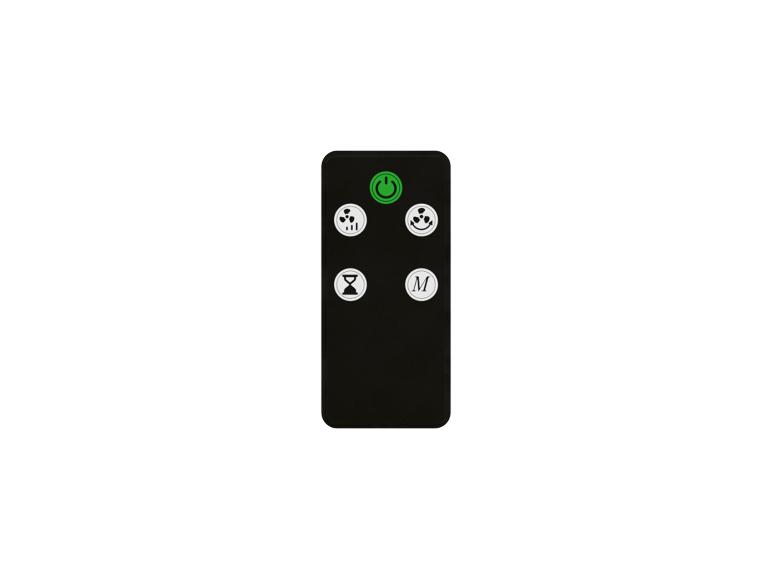 Télécommande noire avec boutons pour ventilateur et minuterie.