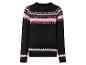 Pull noir avec un motif scandinave rose et blanc.