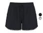 Shorts noirs pour femme avec bordure décorative et cordon de serrage à la taille.
