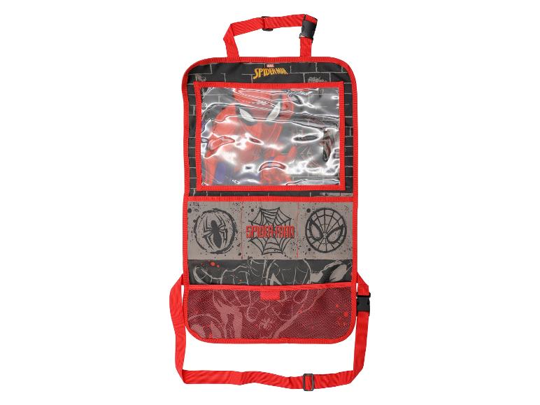 Protection de siège auto Marvel Spider-Man avec poches et pochette transparente pour tablette.