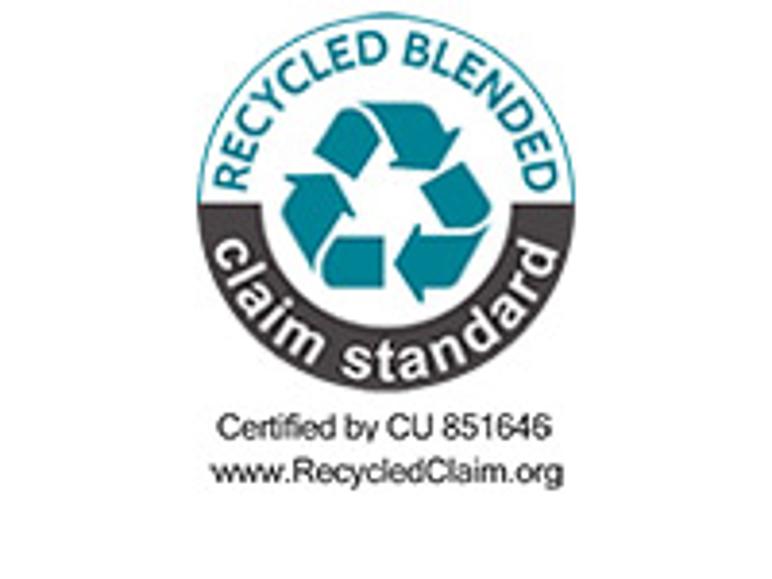 Logo Recycled Blended Claim Standard avec symbole de recyclage et numéro de certification.