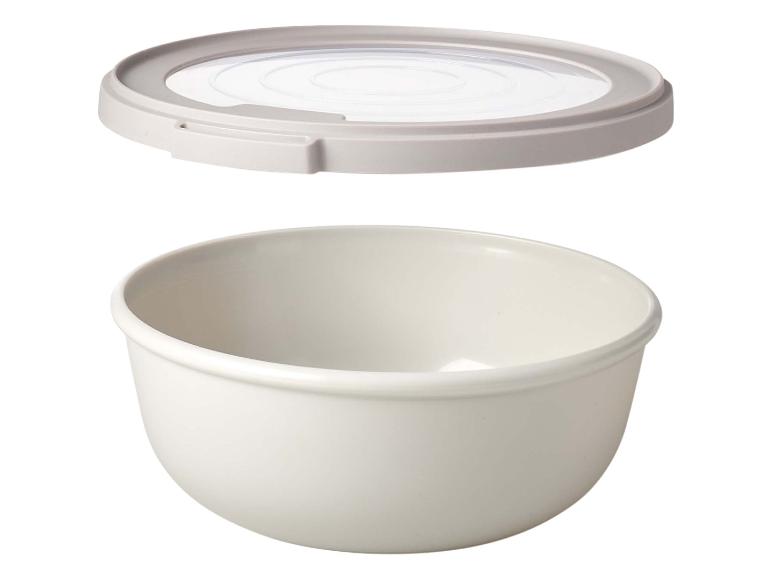 Bol de cuisine blanc avec couvercle gris et transparent