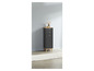 Une armoire gris foncé avec deux tiroirs et une porte sur des pieds en bois.