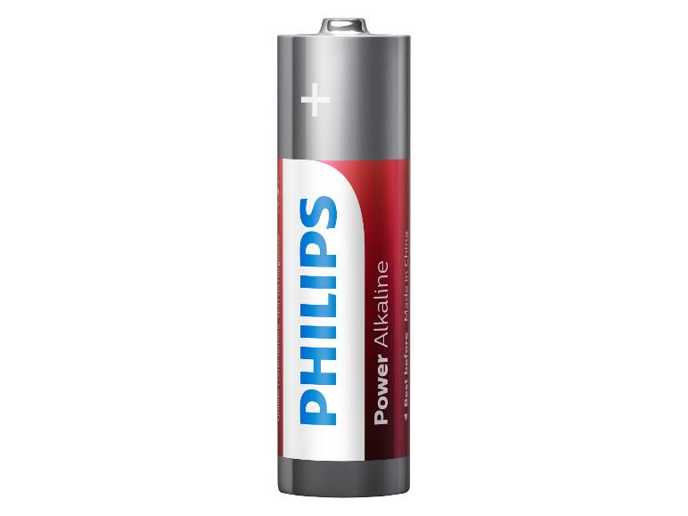 Une pile Philips Power Alkaline, grise et rouge, avec un signe plus visible.