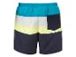Shorts de bain multicolores à rayures : bleu turquoise, blanc, jaune pâle et bleu marine.