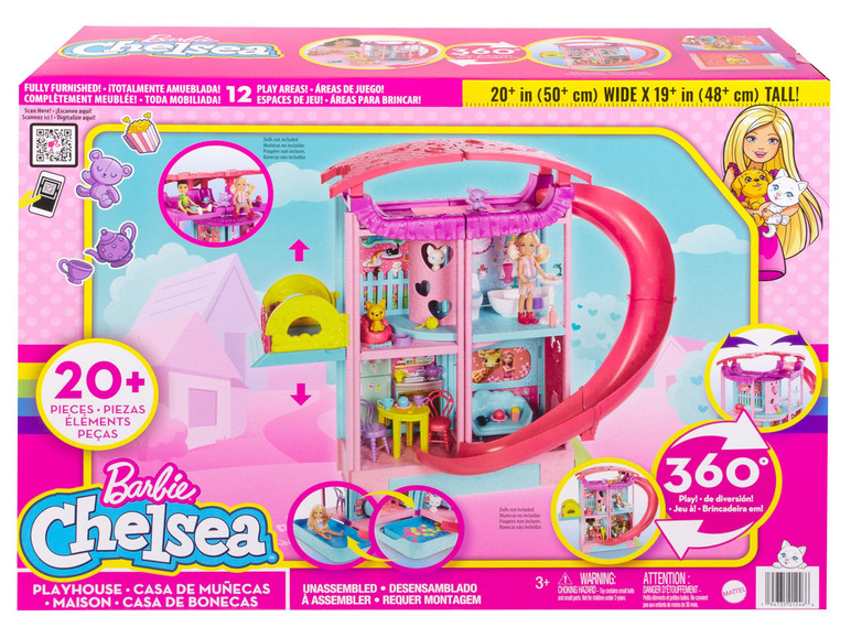 Maison de jeu Barbie Chelsea avec toboggan, plus de 20 pièces.