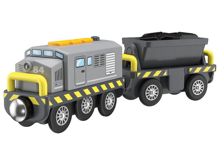 Une locomotive en bois avec un wagon à charbon.