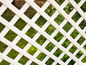 Une clôture en bois blanc avec un motif diagonal, vue sur de l'herbe verte