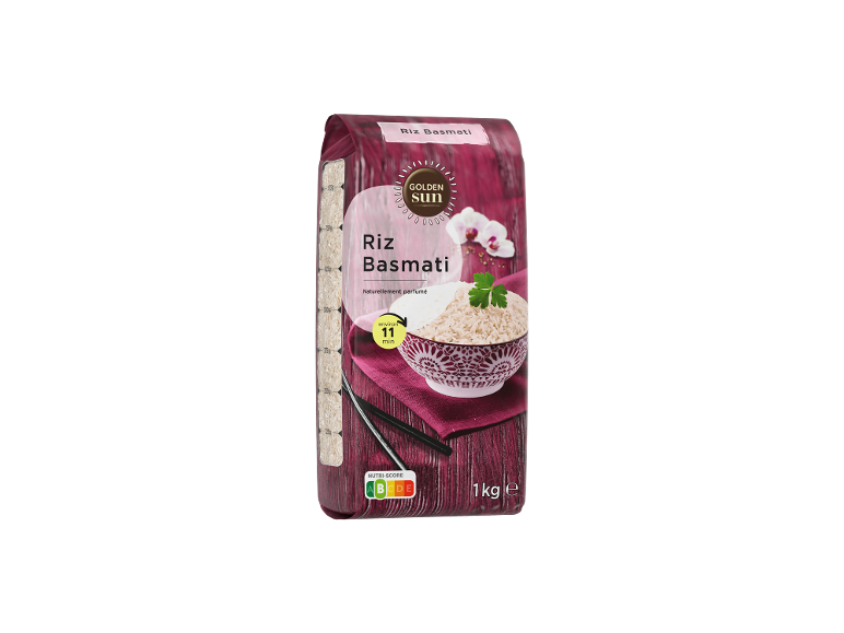 Paquet de riz basmati avec Nutri-Score A, temps de cuisson de 11 minutes et 1 kg.