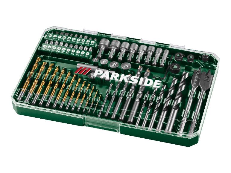 PARKSIDE coffret de forets et d'embouts avec divers forets et embouts de tournevis dans une boîte verte.