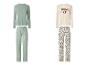 Deux ensembles de pyjama: un vert menthe à motif de feuilles et un crème avec 'WOKE UP gorgeous' et des pois.
