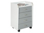 Commode blanche avec quatre tiroirs gris sur roulettes.