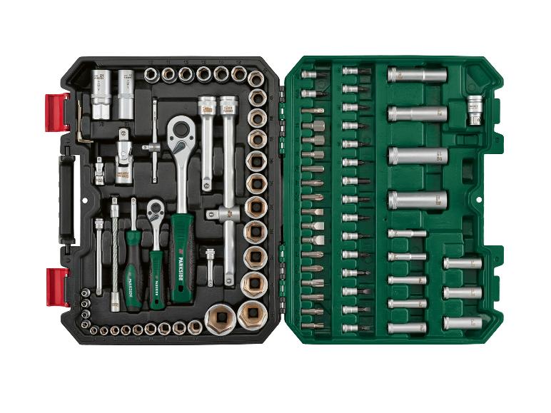 Jeu de douilles et embouts Parkside dans un coffret ouvert.