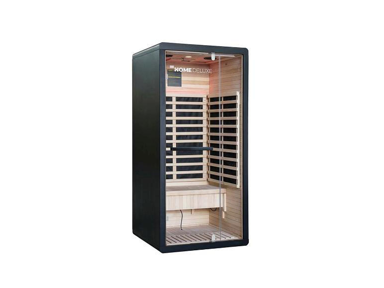 Sauna infrarouge une personne avec porte vitrée et intérieur en bois