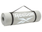 Tapis de yoga gris roulé avec le logo Reebok et une sangle de transport.
