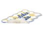 Tapis de bain à carreaux jaunes et blancs avec inscription bleue « dolce vita ».