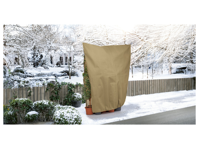 Une housse de protection beige pour plantes dans un jardin enneigé.