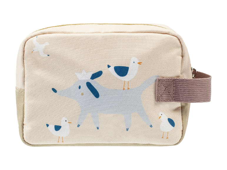 Nécessaire beige avec motif chien et mouettes.