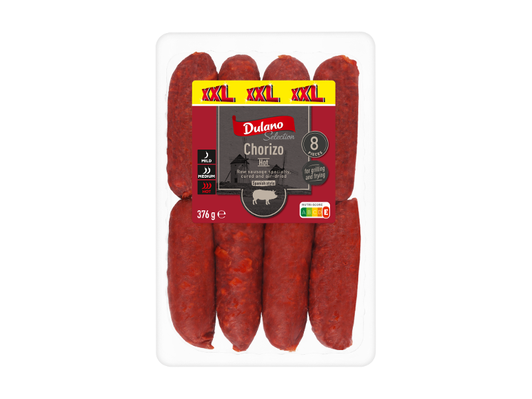 Paquet de 8 saucisses chorizo piquantes (376g), pour griller et frire.