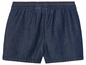 Un short en jean bleu.