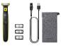 Tondeuse Philips OneBlade avec accessoires, y compris peignes, chargeur et pochette de voyage.