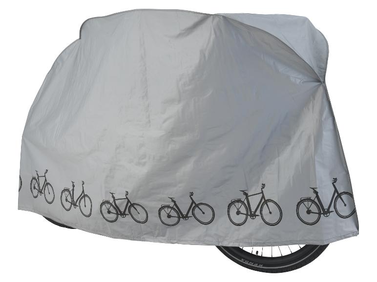 Une housse de vélo grise avec des motifs de vélos est montrée.