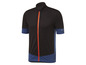 Un maillot de cyclisme noir avec des détails bleus et une fermeture éclair rouge.