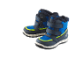 Paire de bottes d'hiver bleues et grises pour enfants avec des accents jaune fluo et le texte 'WATERPROOF'.