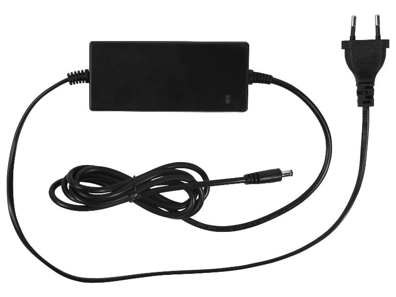 Adaptateur secteur noir avec une fiche européenne à deux broches et un connecteur cylindrique DC