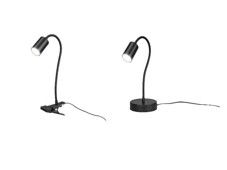 Deux lampes LED noires à bras flexible, l'une avec pince, l'autre avec base ronde.